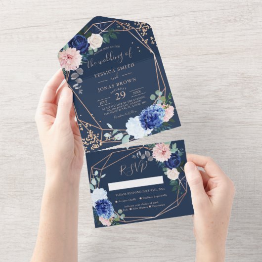 Modern Rustic Geometric Navy Blue Wedding Invitati オールインワン招待状 (貼ってはがせる)