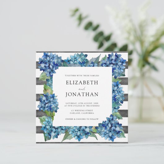 Modern Rustic Gray Blue Hydrangeas Striped Wedding 招待状 (スタンド正面)