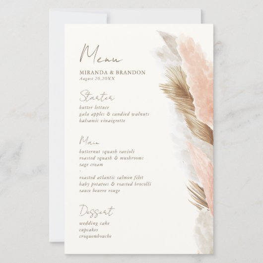 Modern Rustic Pampas Grass Wedding Menu Card (正面)