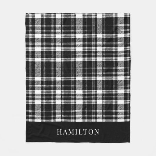 Modern Rustic Personalized Black and White Plaid フリースブランケット (正面)