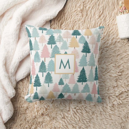 Modern Rustic Pine Forest Christmas Trees Monogram クッション (ブランケット)