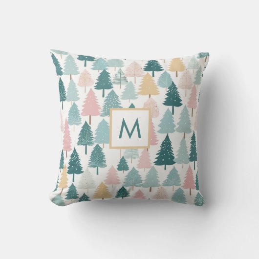 Modern Rustic Pine Forest Christmas Trees Monogram クッション (正面)