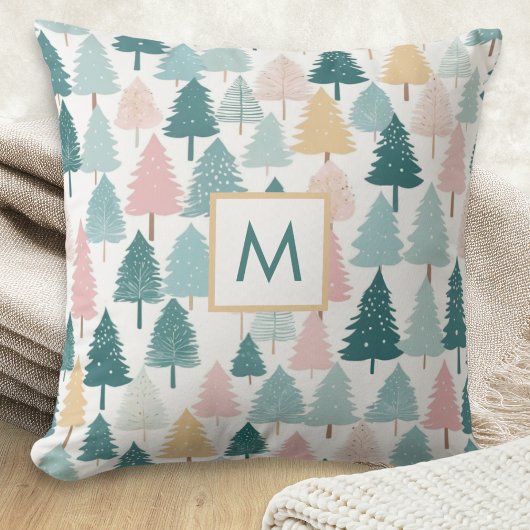 Modern Rustic Pine Forest Christmas Trees Monogram クッション
