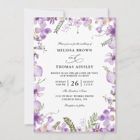 Modern Rustic Purple Flower Budget QR Code Wedding 招待状 (正面)