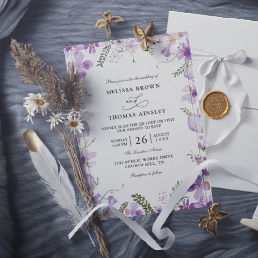 Modern Rustic Purple Flower Budget QR Code Wedding 招待状