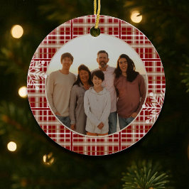 Modern Rustic Red  Tan Plaid Snowflake Photo セラミックオーナメント