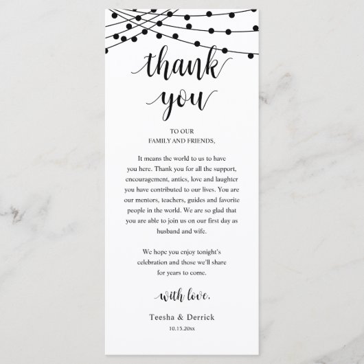 Modern Rustic Wedding Dinner Thank You Card プログラム (正面)