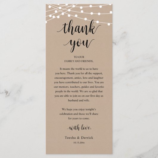 Modern Rustic Wedding Dinner Thank You Card プログラム (正面)