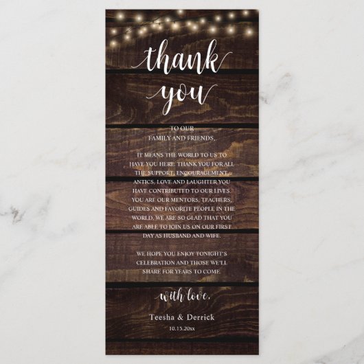 Modern Rustic Wedding Reception Thank You Card プログラム (正面)