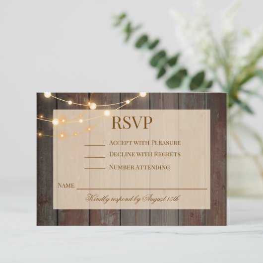 Modern Rustic Wood Floral Lights RSVP Card (スタンド正面)