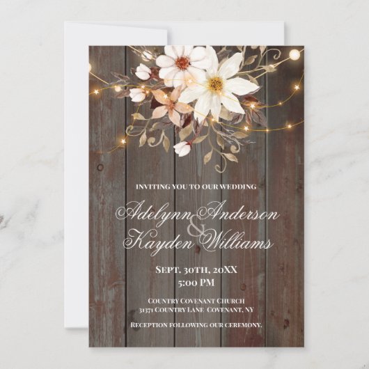 Modern Rustic Wood Floral Lights Wedding 招待状 (正面)
