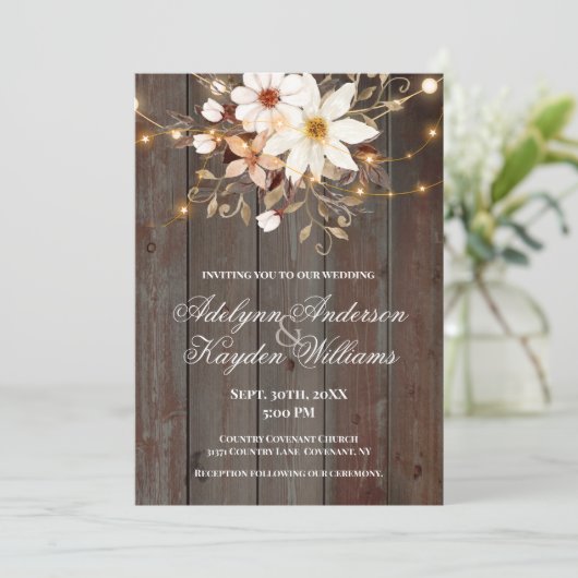 Modern Rustic Wood Floral Lights Wedding  招待状 (スタンド正面)