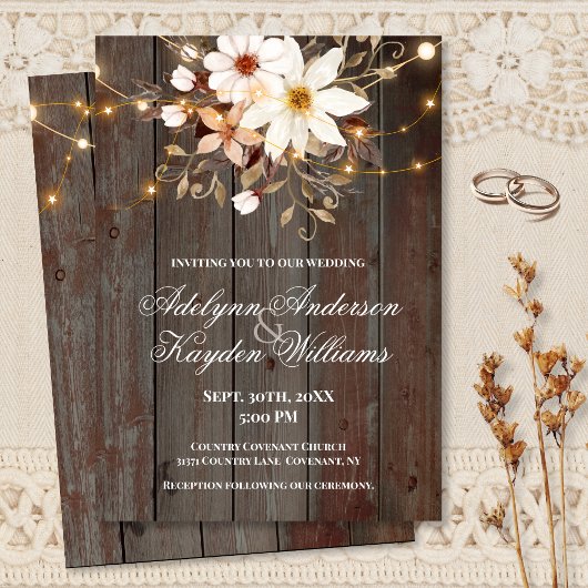 Modern Rustic Wood Floral Lights Wedding  招待状