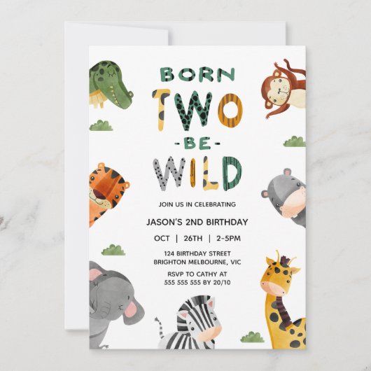 Modern Safari Born Two Be Wild 2nd Birthday 招待状 (正面)