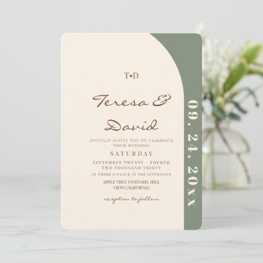 Modern Sage & Cream Boho Photo Wedding 招待状 (スタンド正面)