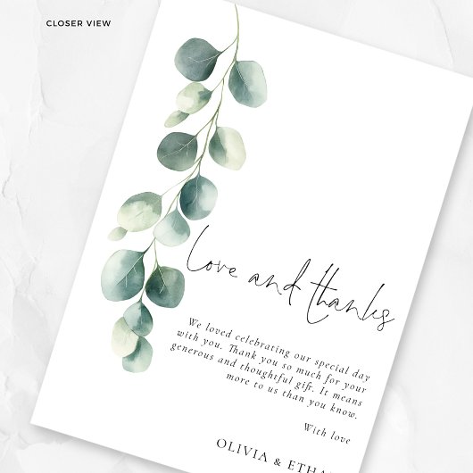 Modern Sage Eucalyptus Wedding Love Thank You カード