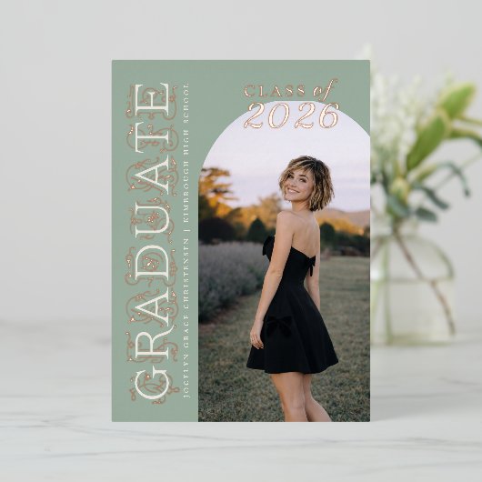 Modern Sage Graduation Rose Gold Foil Invitation 箔招待状 (立ち正面)