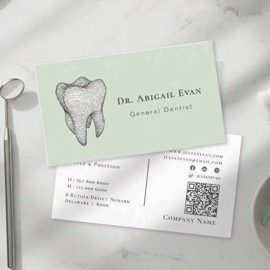 Modern Sage Green 3D Tooth Icon Dental Clinic 名刺
