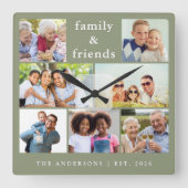 Modern Sage Green 7 Photo Collage Custom Name スクエア壁時計 (正面)