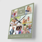 Modern Sage Green 7 Photo Collage Custom Name スクエア壁時計 (傾斜)