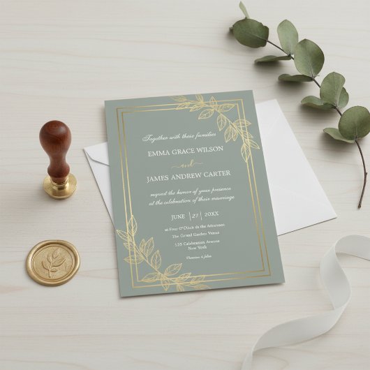 Modern Sage Green and Gold Foil Botanical Elegant  招待状