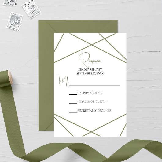 Modern Sage Green and White Geometric Wedding 出欠カード