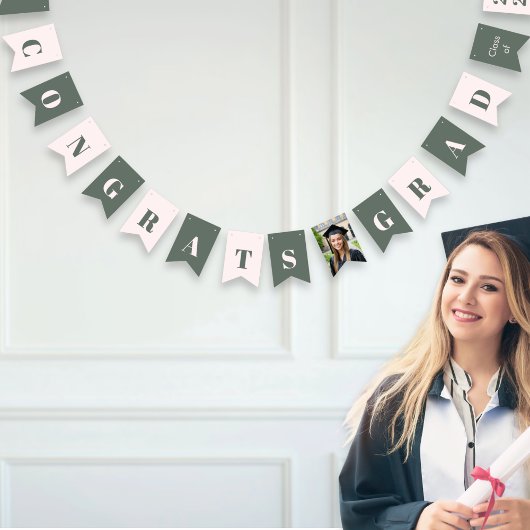 Modern Sage Green Blush Pink Graduation Photo バンティングフラッグ