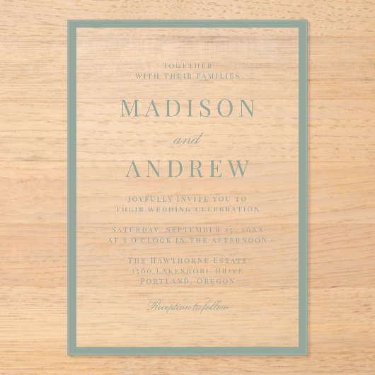 Modern Sage Green Border Wedding アクリル招待状 (正面)
