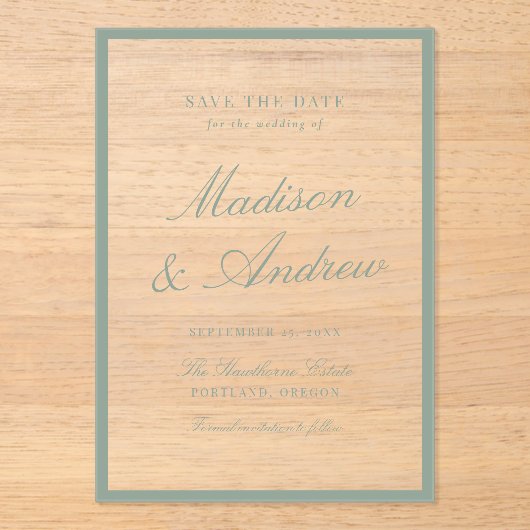 Modern Sage Green Border Wedding Save the Date アクリル招待状 (正面)