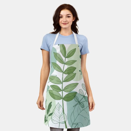 Modern Sage Green Botanical Leaf Pattern エプロン (着用した状態)