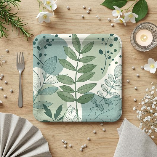 Modern Sage Green Botanical Leaf Pattern ペーパープレート