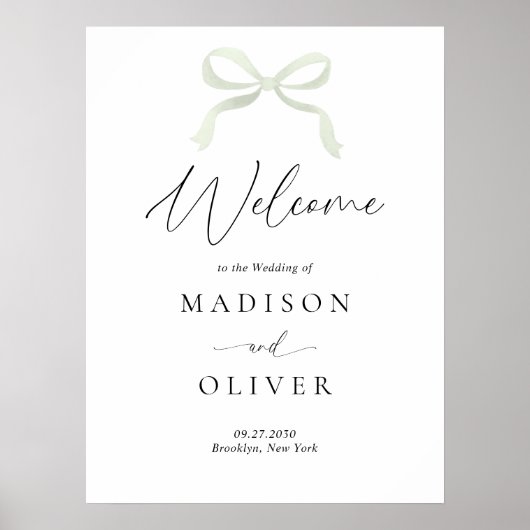 Modern Sage Green Bow Monogram Wedding Welcome ポスター (正面)