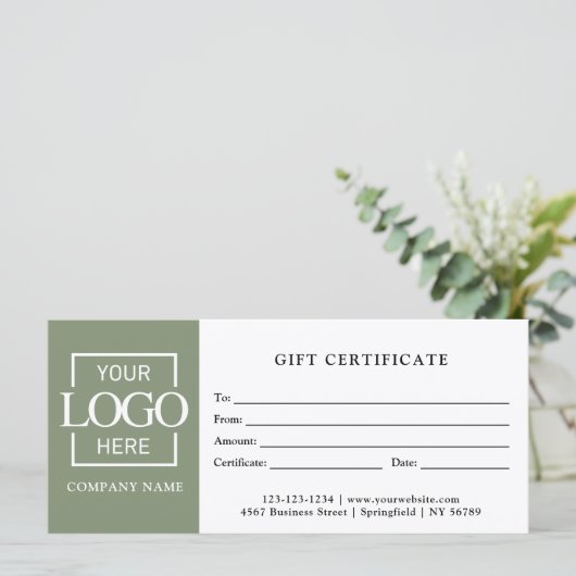 Modern Sage Green Business Logo Gift Certificate (スタンド正面)