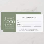 Modern Sage Green Business Logo Gift Certificate (正面/裏面)