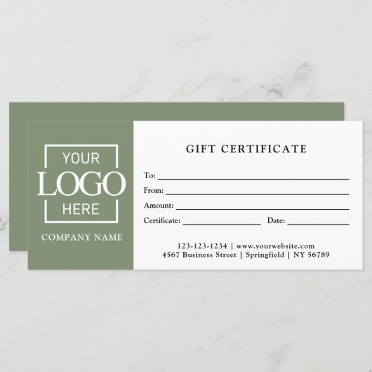 Modern Sage Green Business Logo Gift Certificate (正面/裏面)