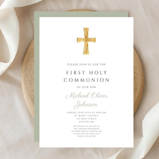 Modern Sage Green Cross First Communion 招待状
