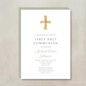 Modern Sage Green Cross First Communion 招待状