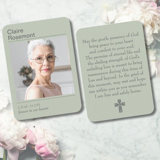 Modern Sage Green Cross Funeral Prayer Card 名刺