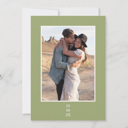 Modern Sage Green Date Line Photo Floral Wedding 招待状 (裏面)