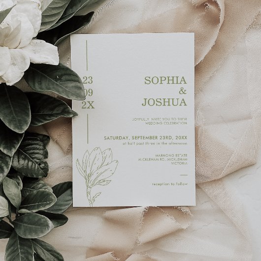 Modern Sage Green Date Line Photo Floral Wedding  招待状