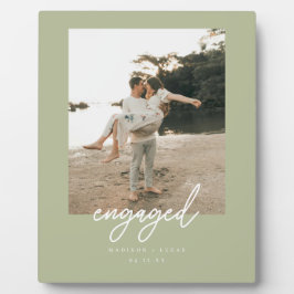 Modern Sage Green "Engaged" Script Photo フォトプラーク