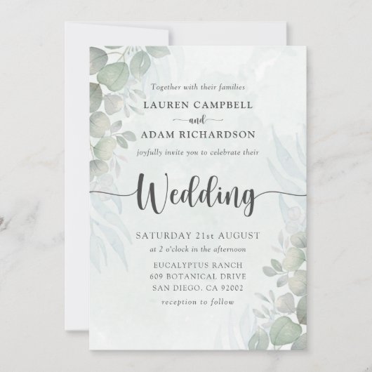 Modern Sage Green Eucalyptus Wedding Invitation 招待状 (正面)