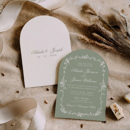 Modern Sage Green Floral Botanical Arched Wedding 招待状