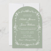 Modern Sage Green Floral Botanical Arched Wedding 招待状 (正面)