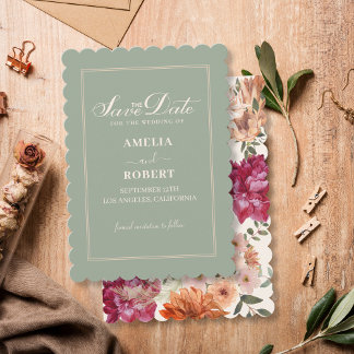 Modern sage green floral fall wedding  セーブザデート