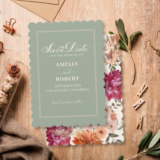 Modern sage green floral fall wedding  セーブザデート