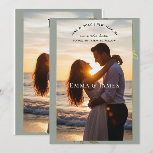 Modern Sage Green Gold Botanical Save the Date (正面/裏面)