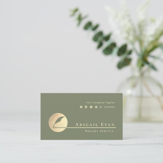 Modern Sage Green Gold Feather Logo Notary Service 名刺 (スタンド正面)