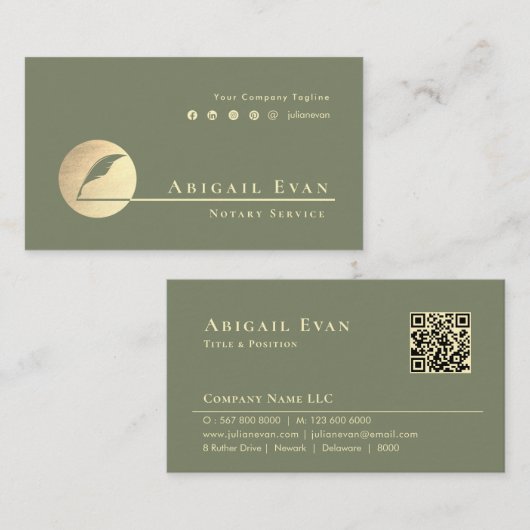 Modern Sage Green Gold Feather Logo Notary Service 名刺 (正面/裏面)
