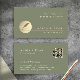 Modern Sage Green Gold Feather Logo Notary Service 名刺